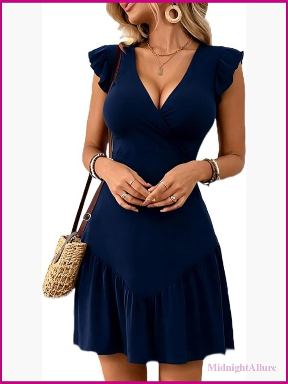 Women's Ruffle Sleeve A-Line Mini Dress Deep V-Neck Boho Party Club